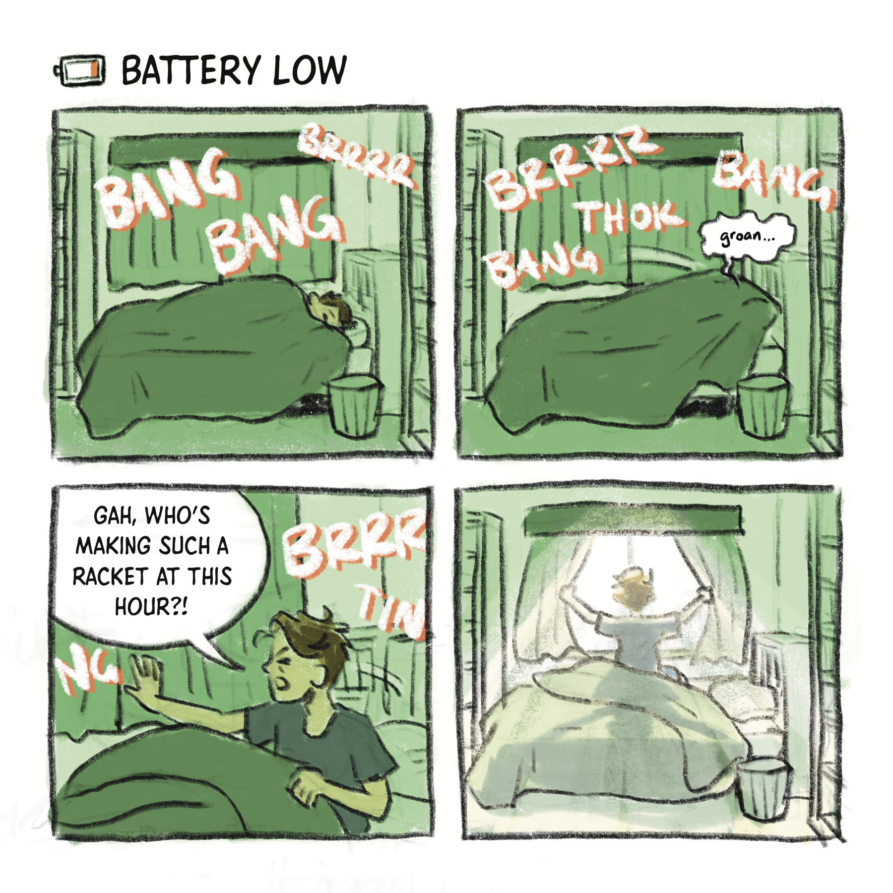 a Battery Low comic in which B struggles with outside construction noises while trying to sleep