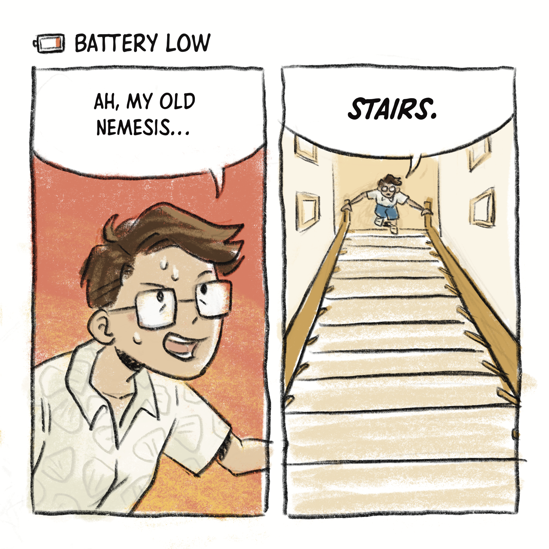 a Battery Low comic in which B faces their ultimate nemesis--stairs