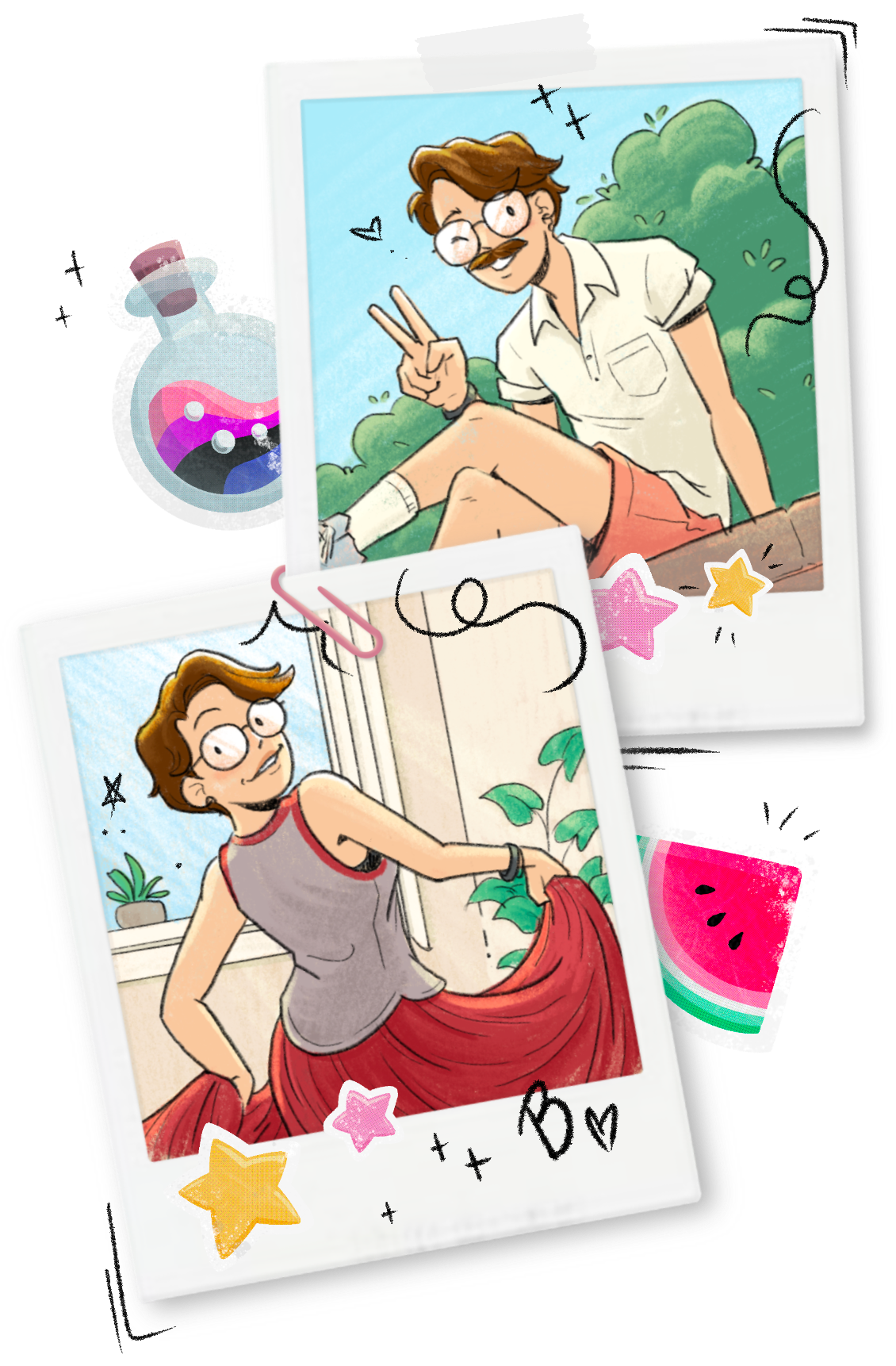 drawn polaroids of B, one masc smiling with a mustache, one femme twirling in a skirt