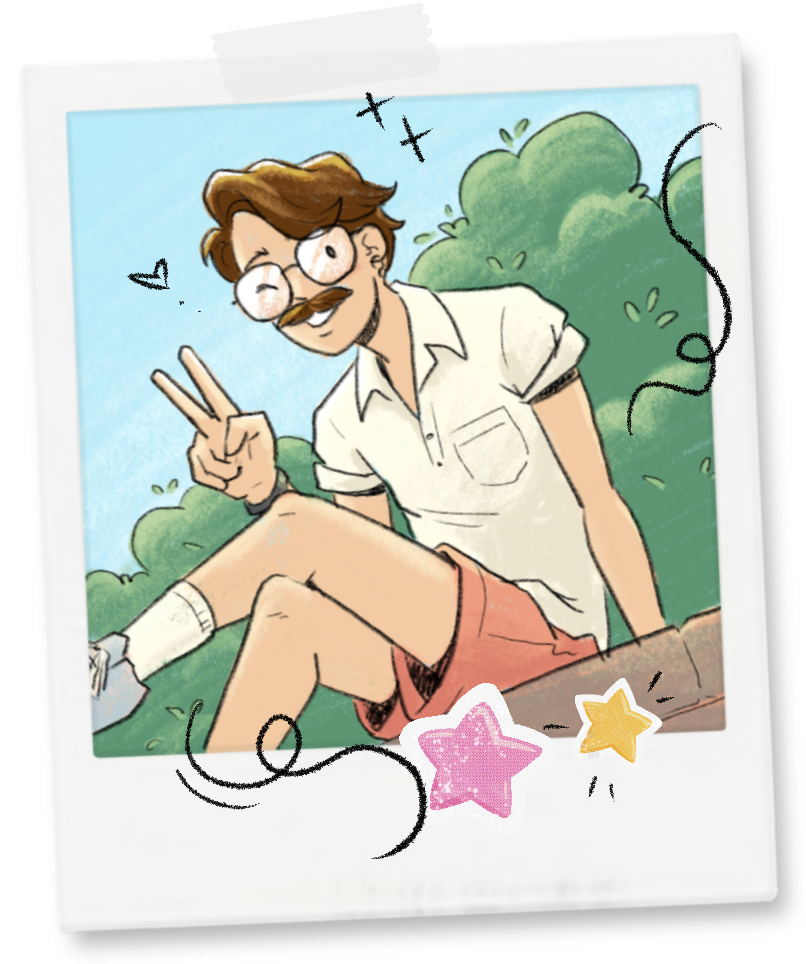 drawn polaroid of Tomby smiling and throwing a peace sign