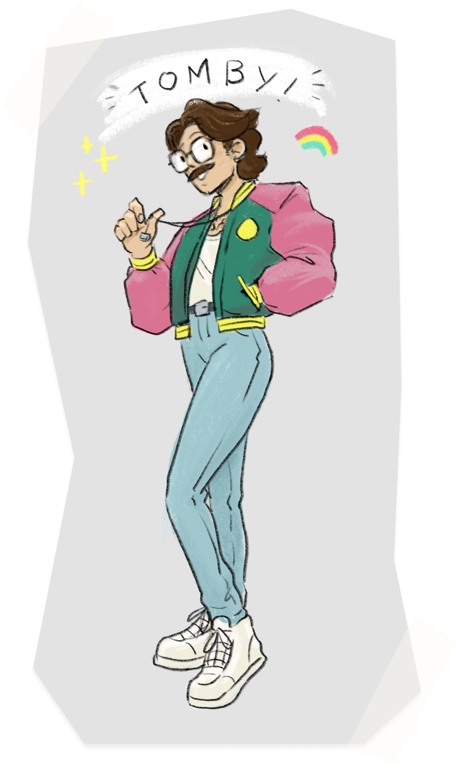 A drawing of a mustachioed dude in a colorful bomber jacket smiling at the camera under the name 'Tomby'